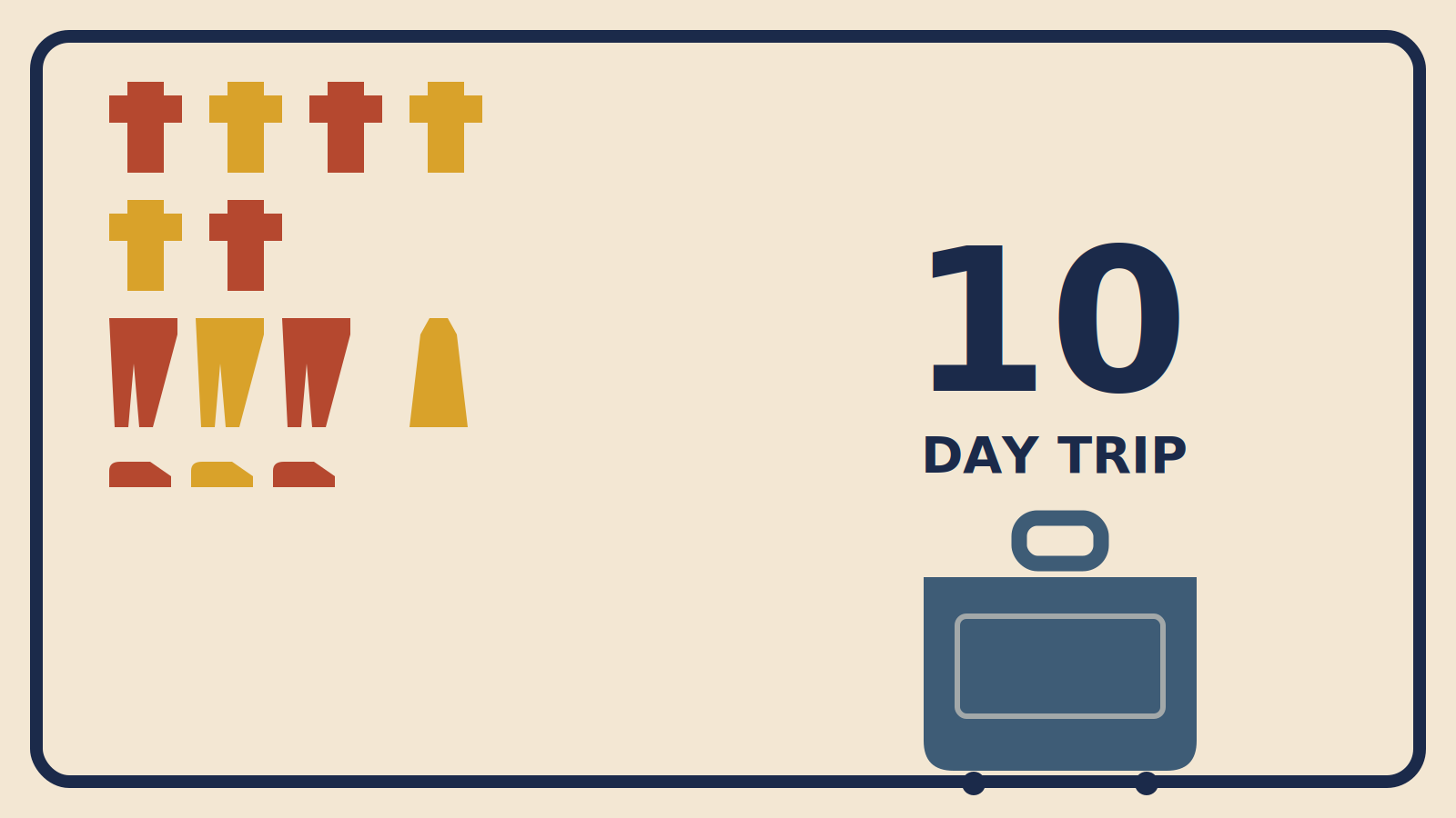 Flat geometric illustration of a dense capsule wardrobe flat-lay in rust-red and mustard with a large number 10 and the words Day Trip