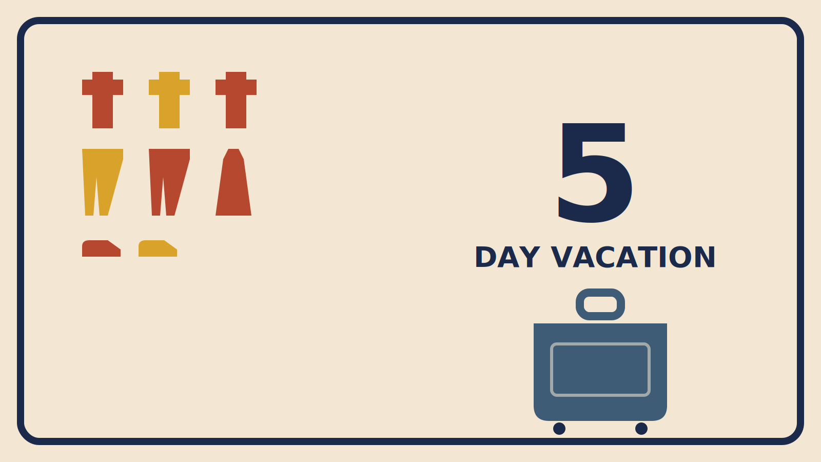 Flat geometric illustration of a capsule wardrobe flat-lay in rust-red and mustard with a large number 5 and the words Day Vacation