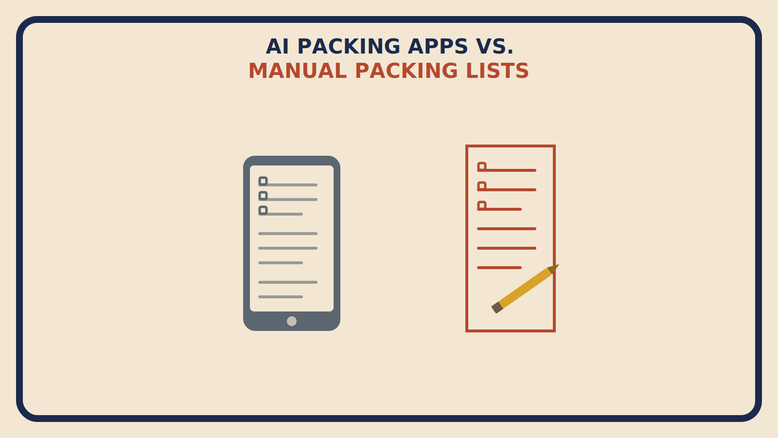 Flat geometric illustration comparing a slate-grey phone with a generic checklist to a rust-red paper and pencil checklist, titled AI Packing Apps vs Manual Packing Lists