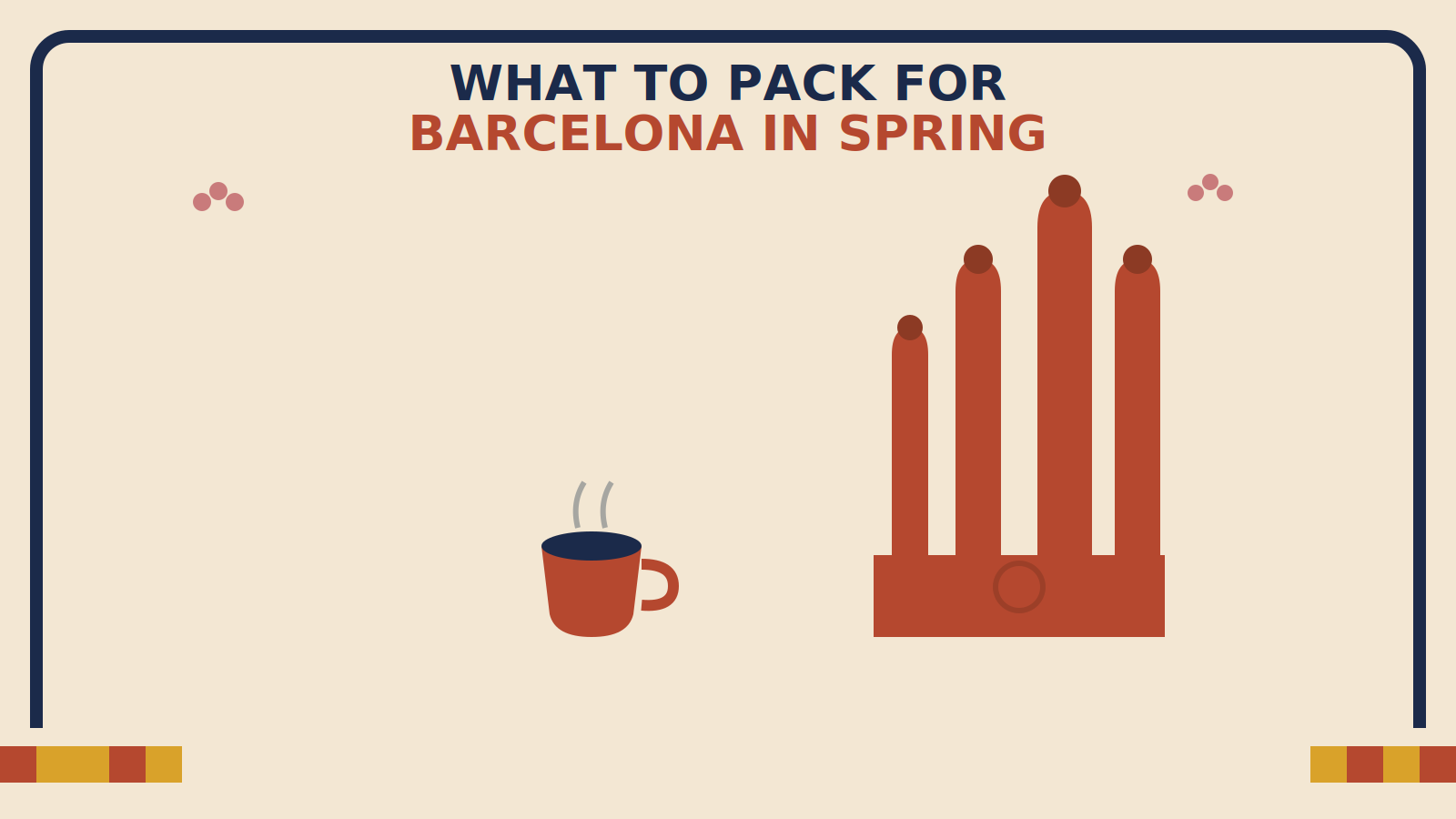 Flat geometric suitcase illustration with a rust-red and mustard mosaic-tile pattern, soft pink flower buds, and an espresso cup in front of a Sagrada Familia-inspired cathedral silhouette