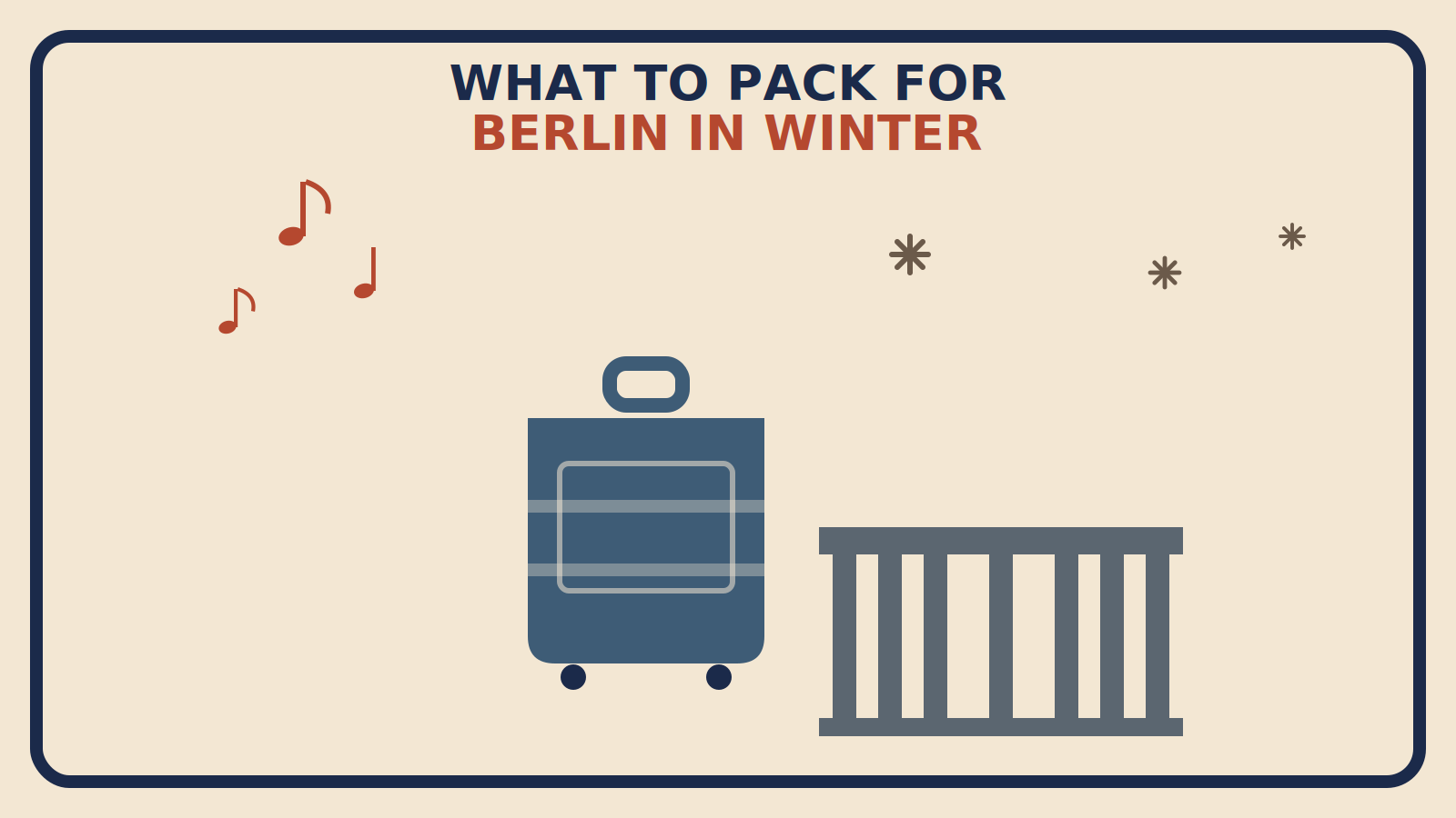 Flat geometric suitcase illustration with a slate-grey Brandenburg Gate inspired column motif, muted brown snowflakes, and rust-red music notes