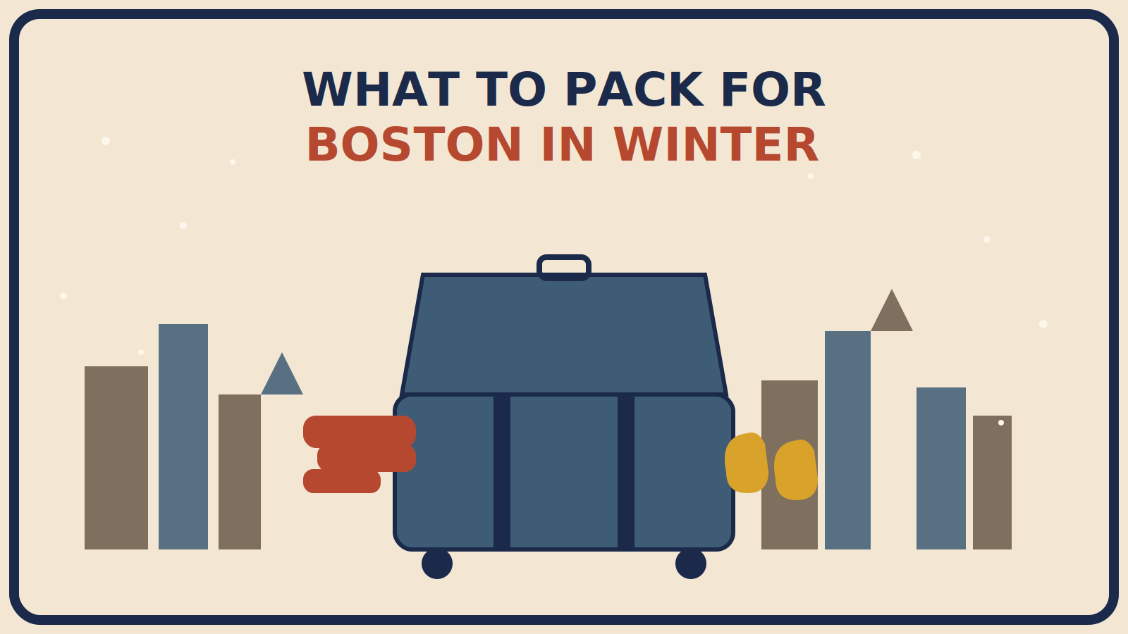 Suitcase spilling a scarf and mittens against an abstract snowy Boston skyline