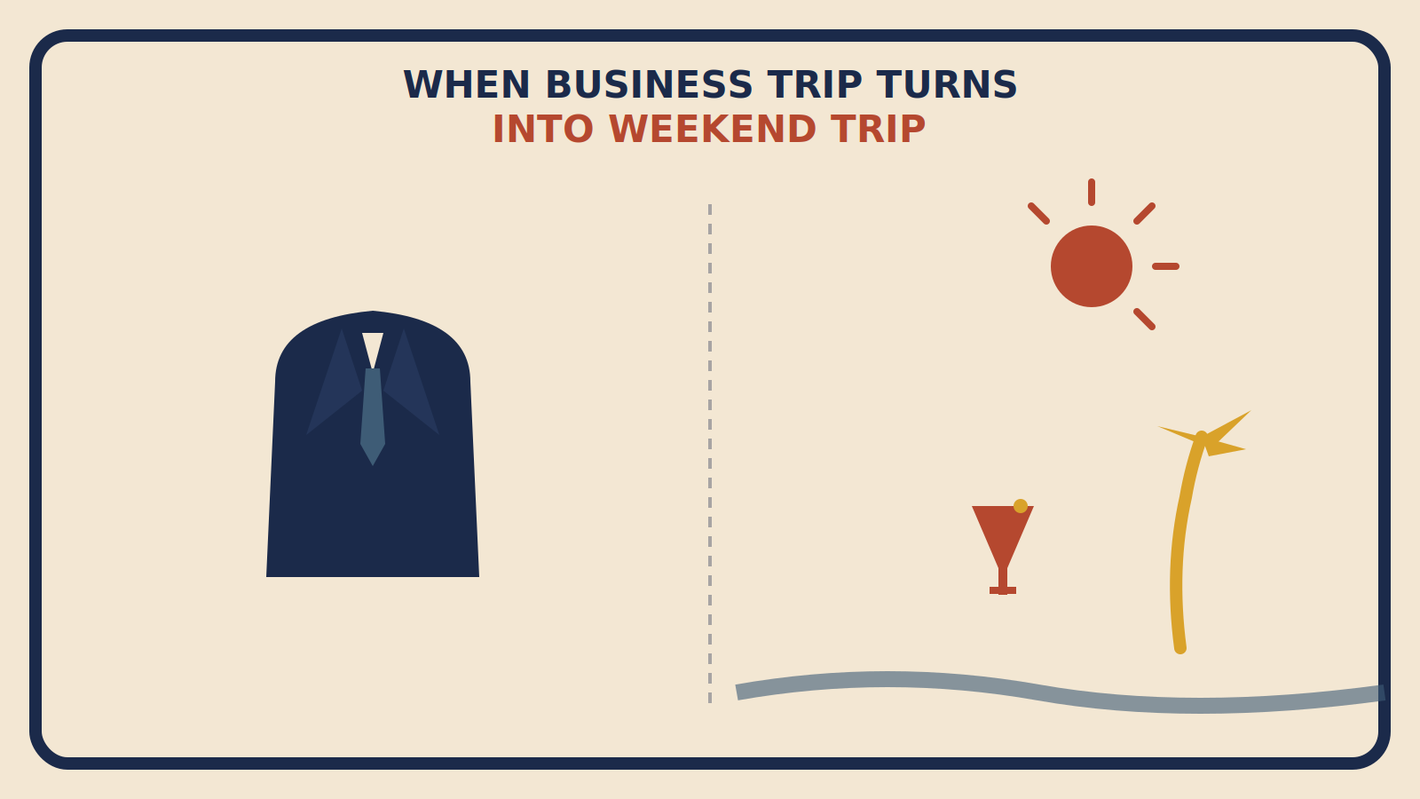 Flat geometric illustration of a suit and tie on one side transitioning into a palm beach scene with a cocktail on the other, titled When Business Trip Turns Into Weekend Trip