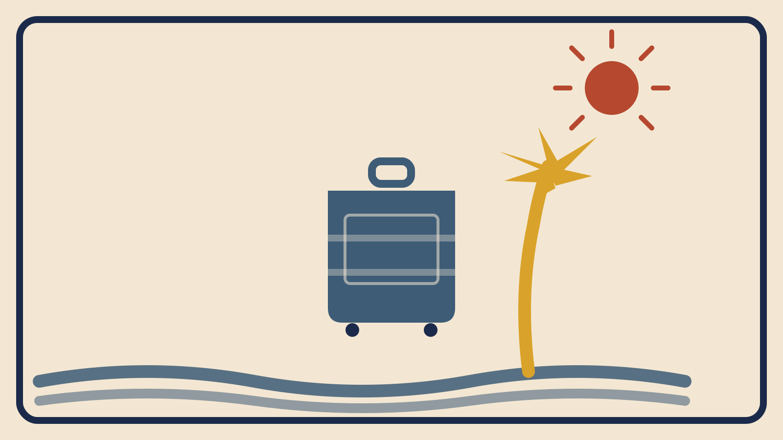 Flat geometric suitcase illustration with a mustard palm tree, steel-blue wave shapes, and a rust-red sun above