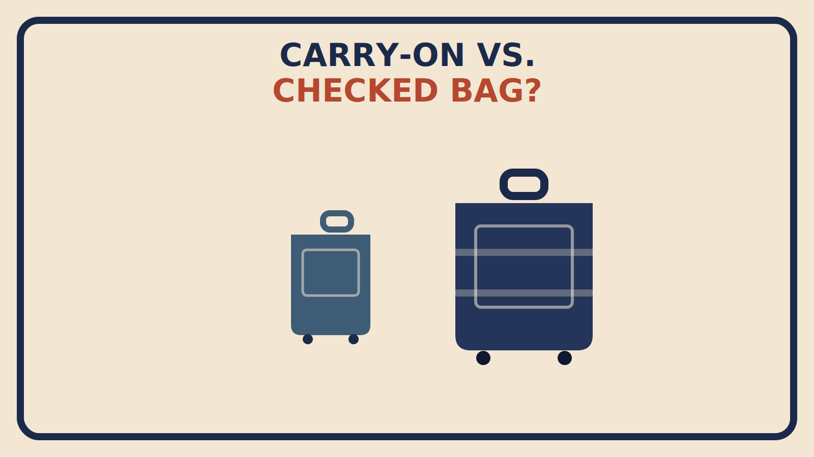 Flat geometric illustration of a smaller steel-blue carry-on beside a larger navy checked bag, titled Carry-On vs Checked Bag