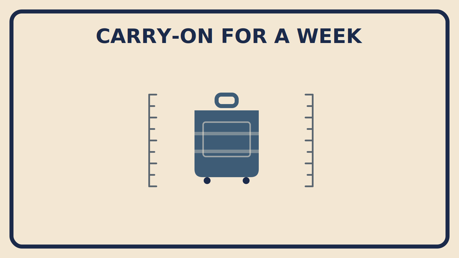 Flat geometric illustration of a compact suitcase with slate-grey measurement tick marks and the words Carry-On for a Week