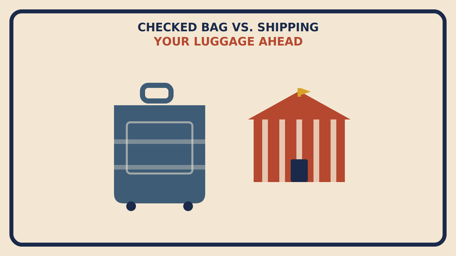 Flat geometric illustration of a large steel-blue suitcase beside a rust-red post office building, titled Checked Bag vs Shipping Your Luggage Ahead