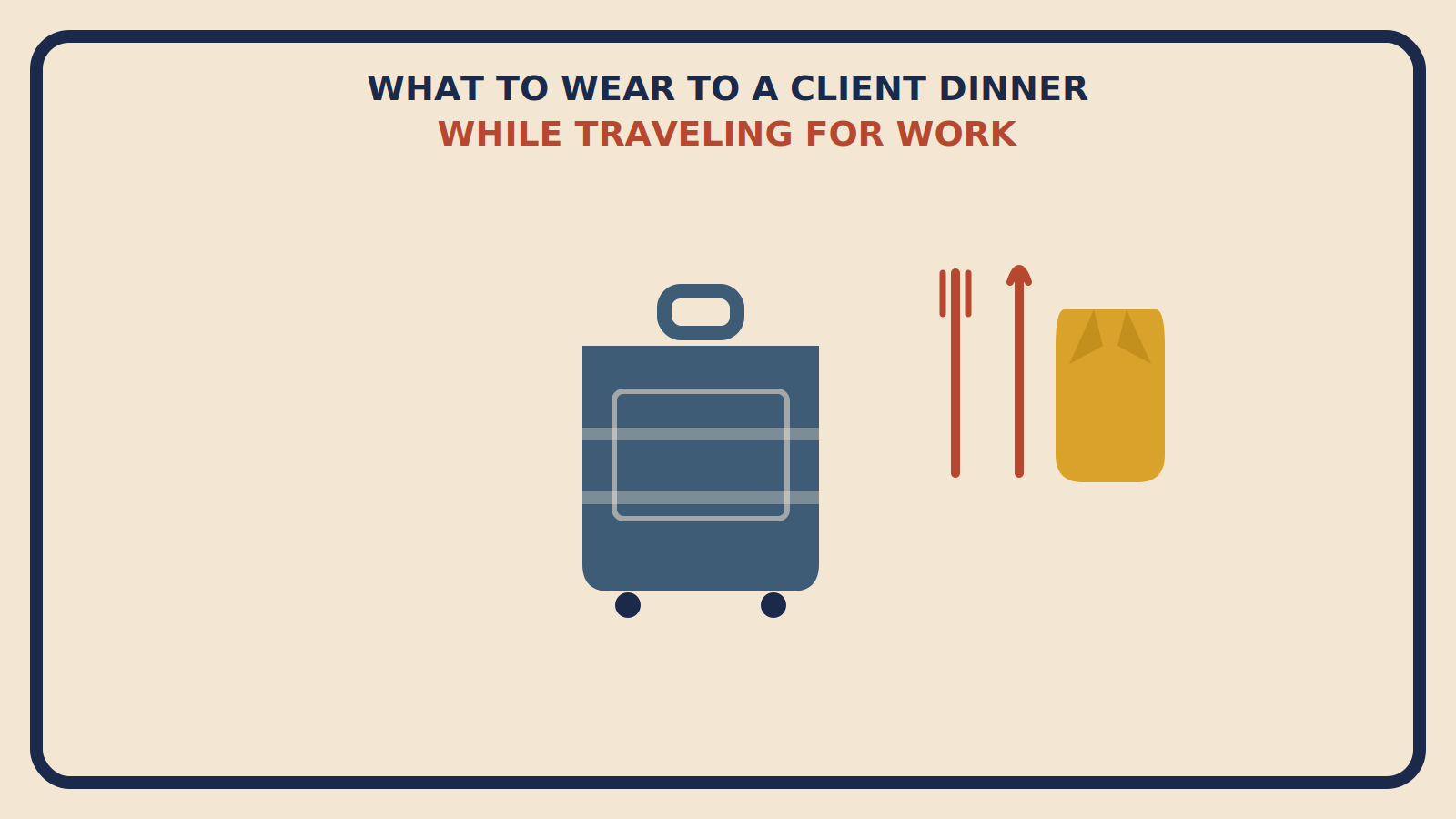Flat geometric suitcase with a rust-red place-setting motif and a mustard blazer-lapel silhouette beside it