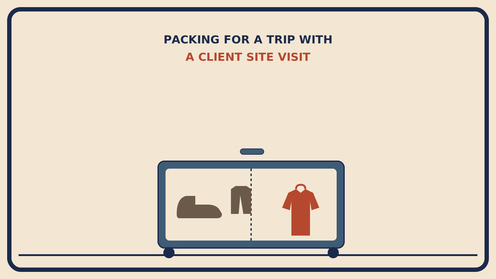 Suitcase split into two zones: a muted brown work boot and vest on one side, a folded rust-red blazer on the other