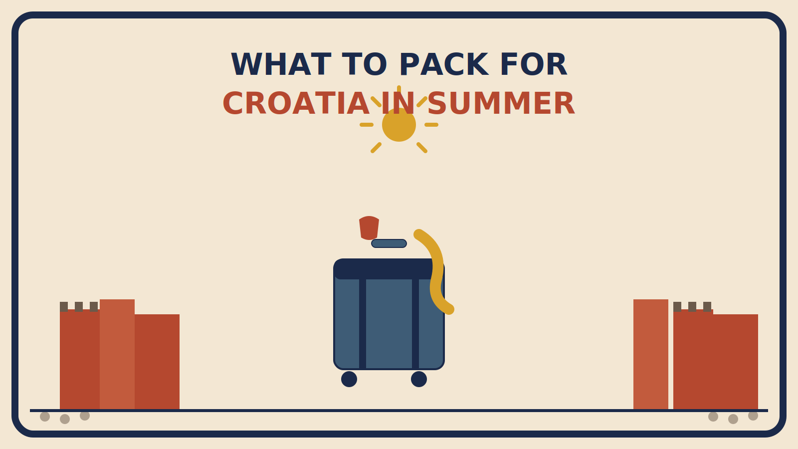 Suitcase with a swimsuit and draped cover-up in front of Dubrovnik-style terracotta rooftops and fortress walls under a sun motif