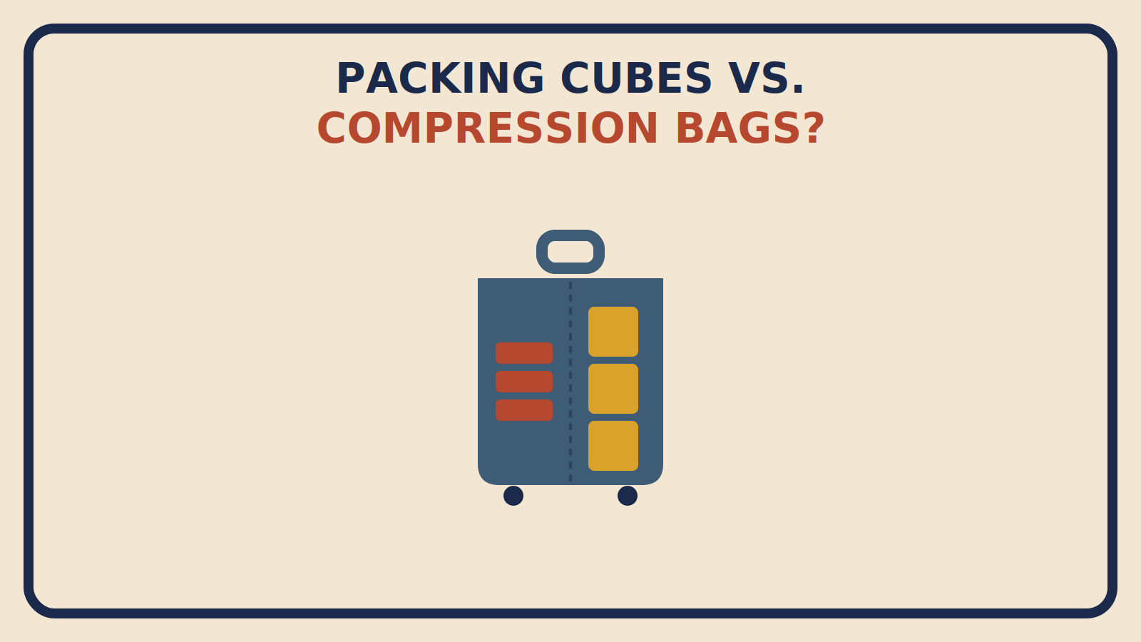 Flat geometric suitcase split in half, one side a flattened rust-red compressed clothing shape, the other a neat stack of mustard cube shapes