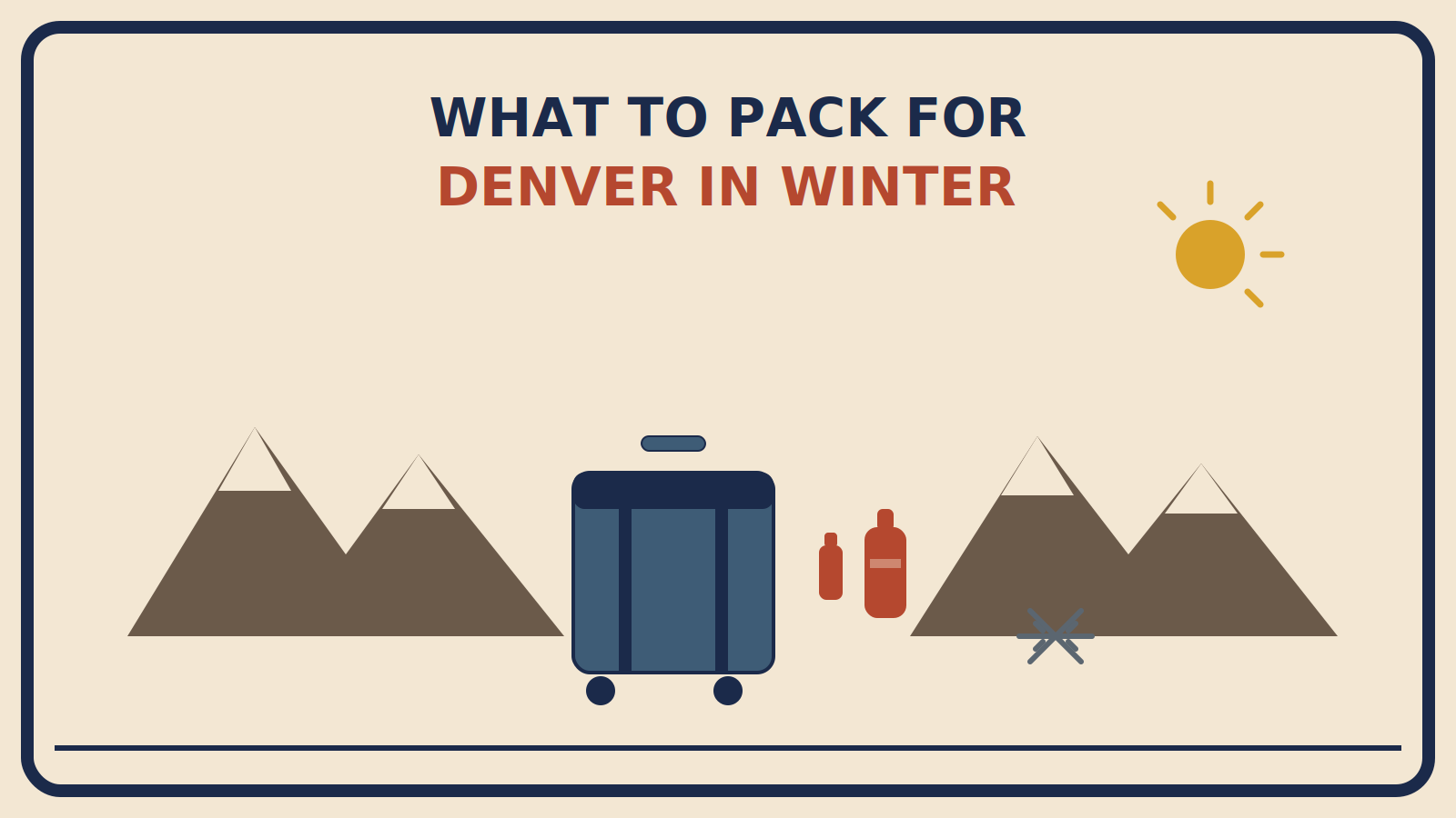 Suitcase between a lip balm and water bottle, in front of two snow-capped mountain ranges under a sun and a snowflake accent