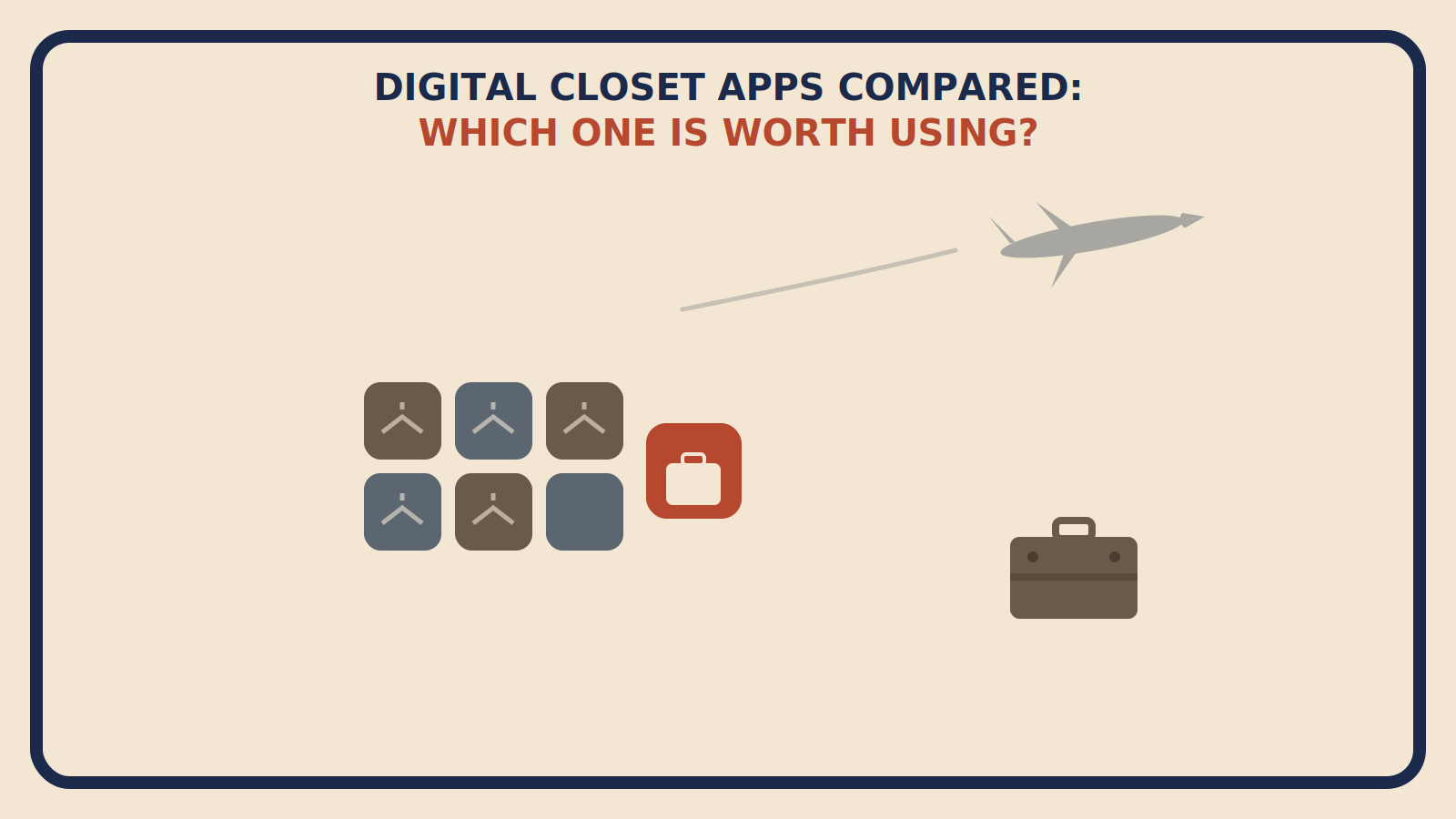 Flat geometric grid of app icons with one set apart in rust-red showing a suitcase glyph, a jet flying in the background with briefcase luggage below