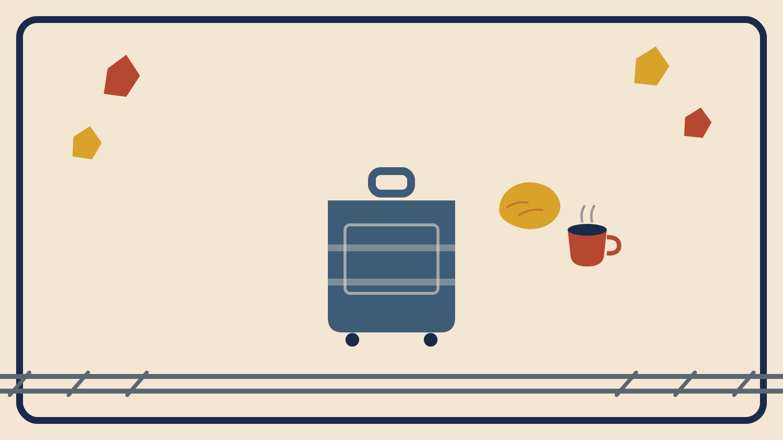 Flat geometric suitcase illustration with slate-grey train tracks, rust-red and mustard falling leaves, a croissant, and an espresso cup