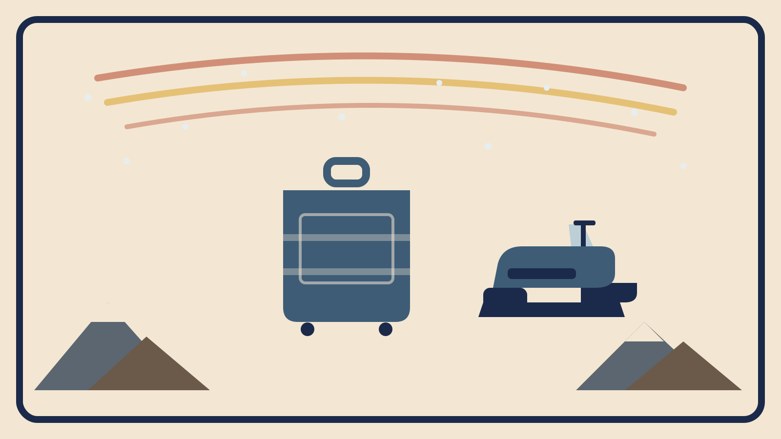 Flat geometric suitcase illustration with a snowmobile, snowy mountain peaks, falling snow, and an aurora arcing above