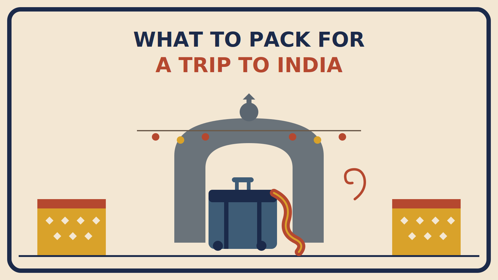 Suitcase with a rust-red and gold dupatta draped over one corner in front of a domed archway with lattice detail and hanging lanterns