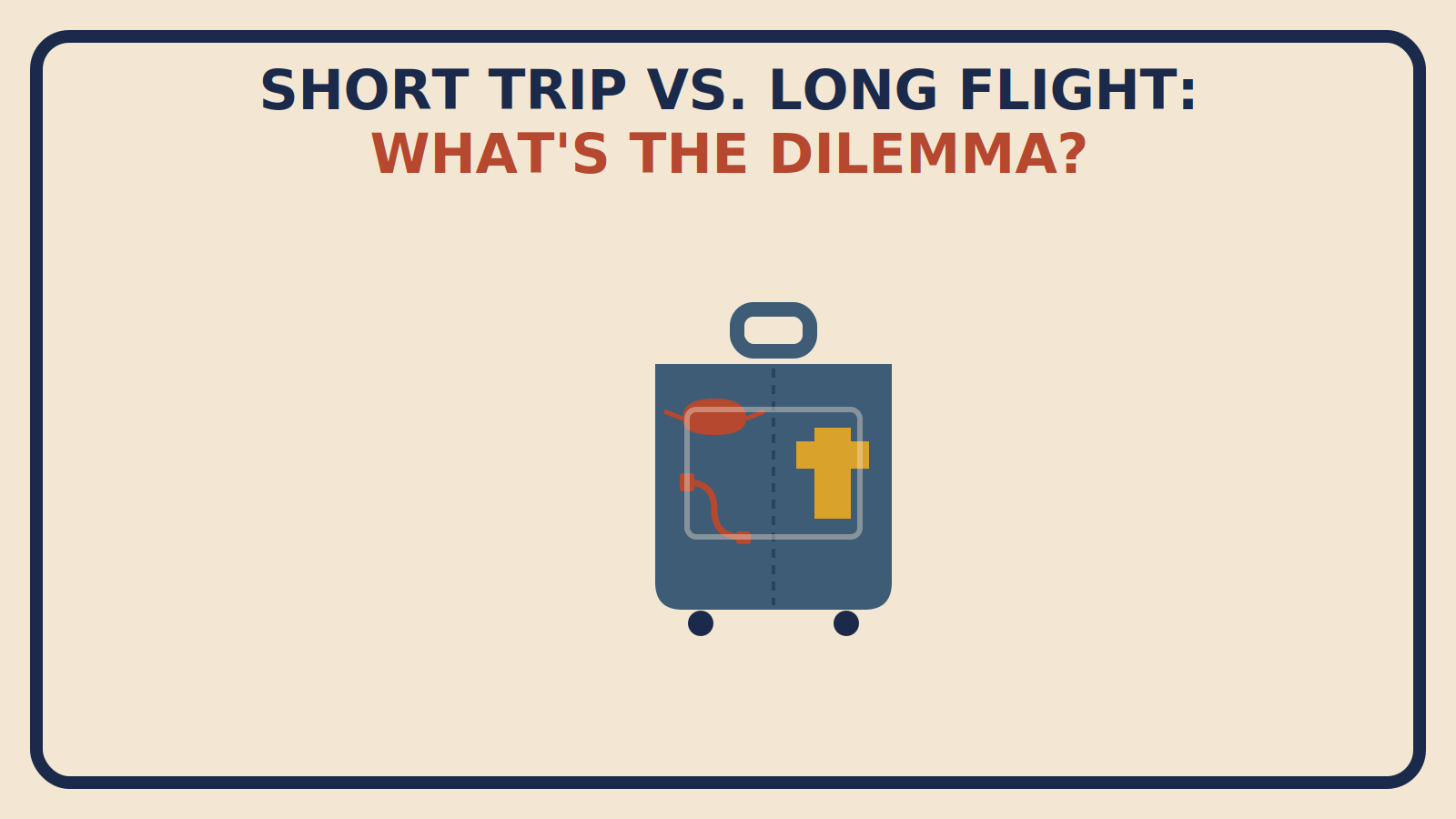 Flat geometric suitcase split in half, one side with rust-red eye mask and charger cord shapes, the other with a single mustard clothing shape, posing Short Trip vs Long Flight Dilemma