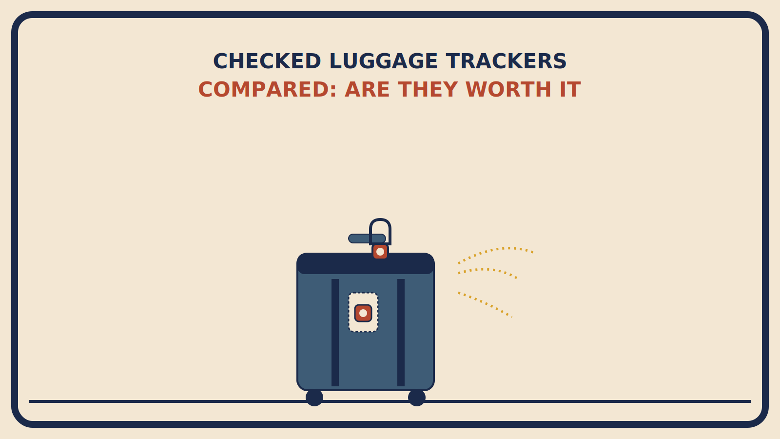 Suitcase with a tracker tag visible clipped to the outside and another tucked into an interior pocket cutaway, with dotted signal ping lines