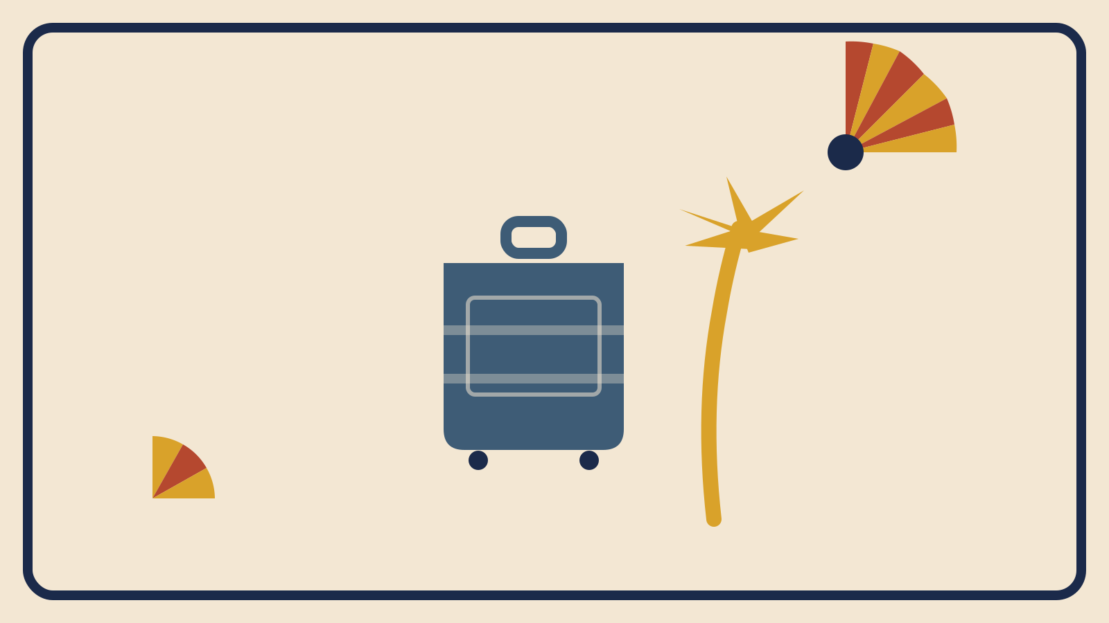Flat geometric suitcase illustration with rust-red and mustard Art Deco sunburst shapes and a mustard palm frond
