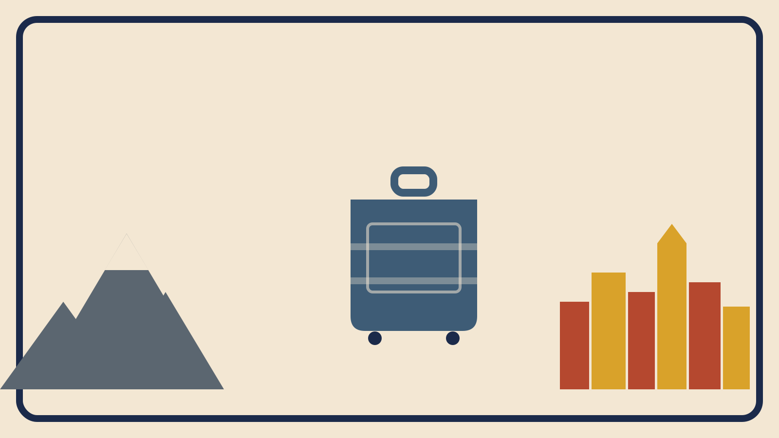 Flat geometric suitcase illustration split between slate-grey mountain peaks on one side and a rust-red and mustard city skyline on the other