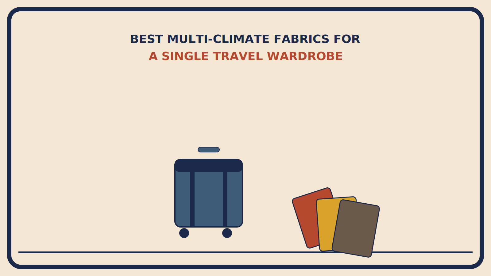 Suitcase beside three fanned fabric swatches in rust-red, mustard, and muted brown