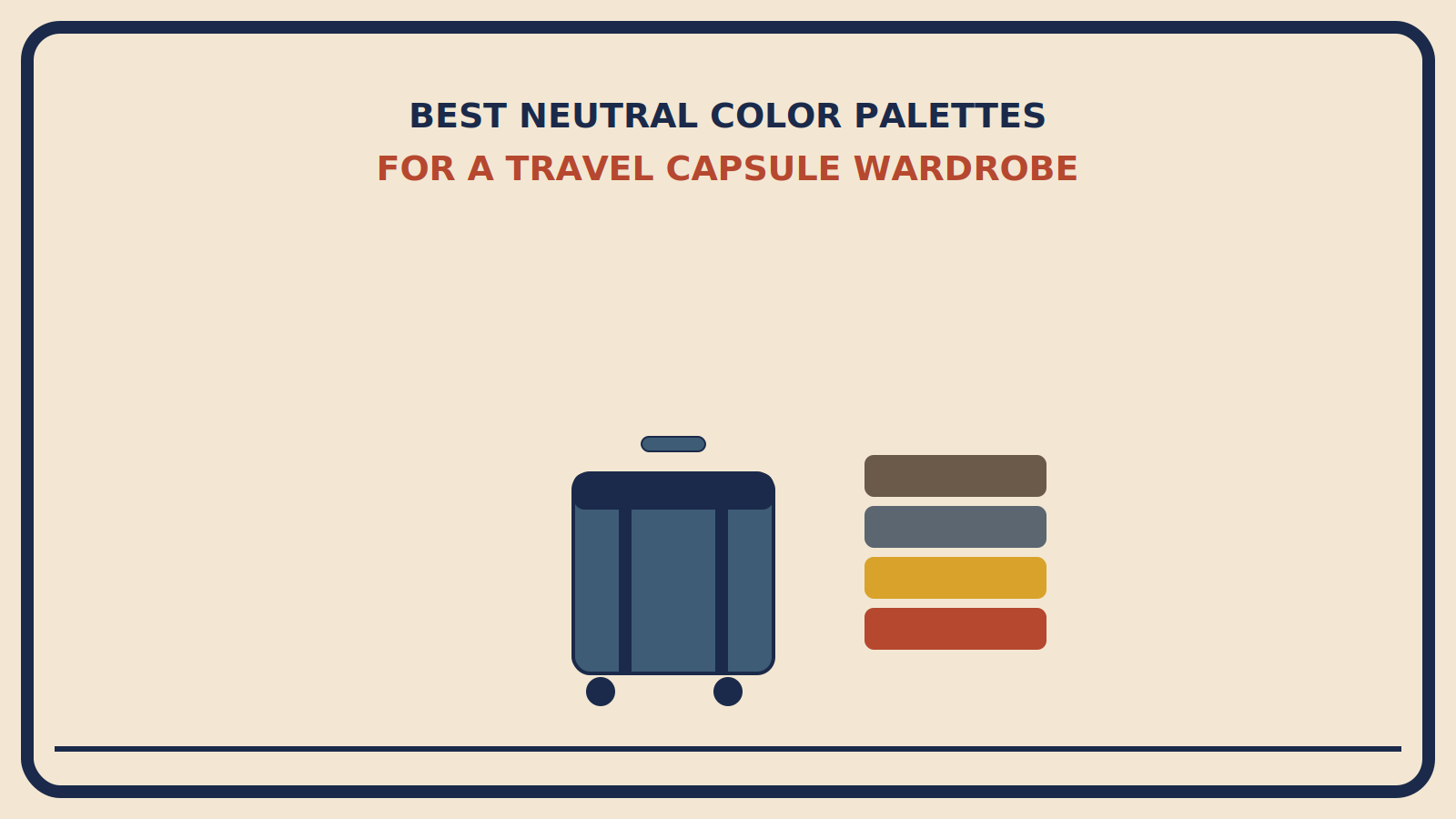 Suitcase beside a folded stack of coordinated clothing in muted brown, slate grey, mustard, and a rust-red accent piece on top