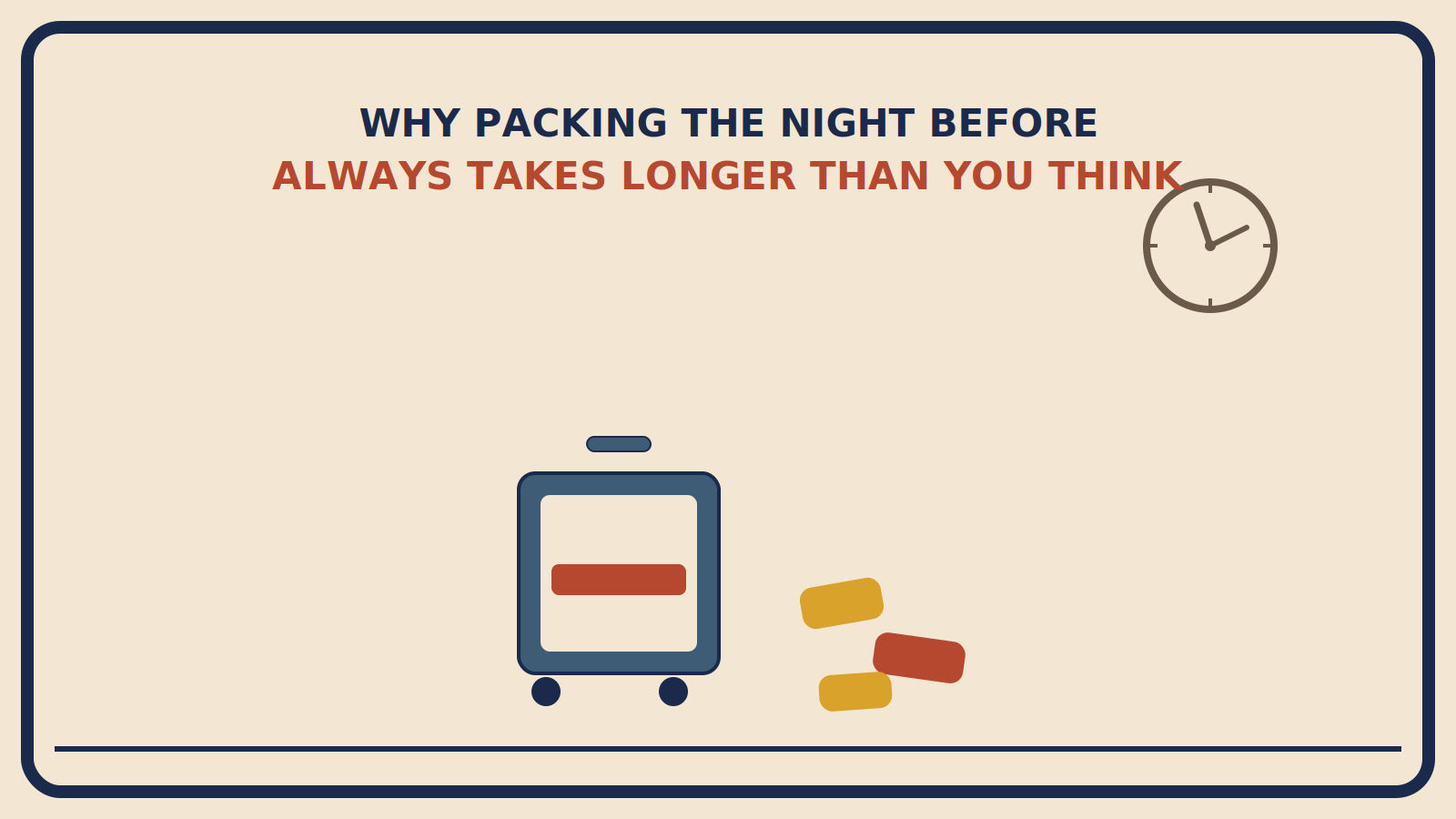 A clock showing a late hour above a half-packed suitcase, with unpacked clothing still scattered beside it