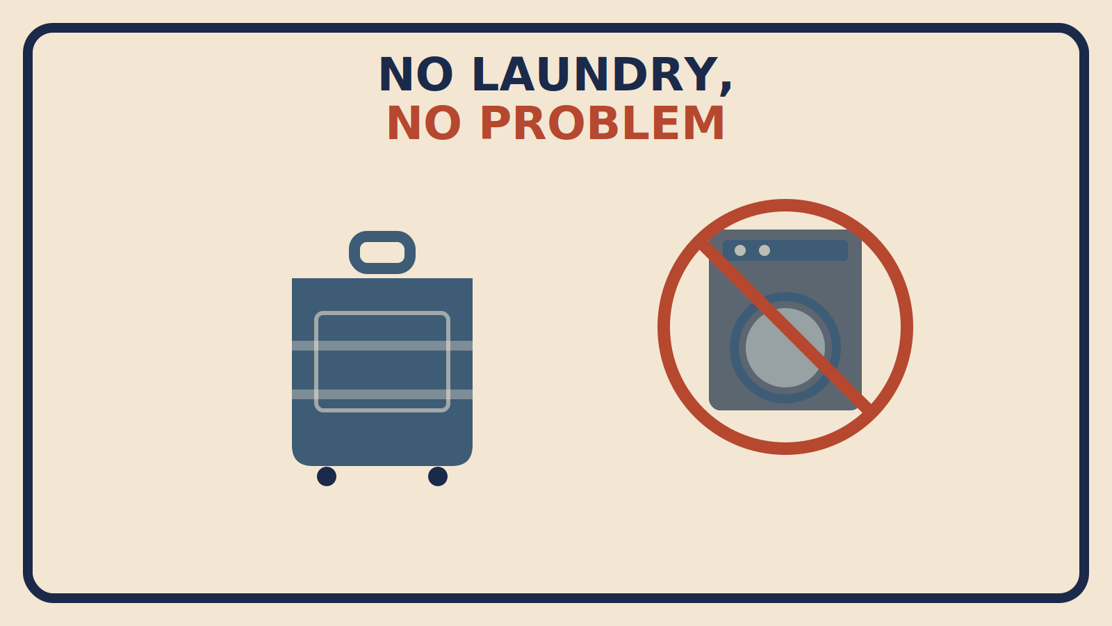 Flat geometric illustration of a suitcase beside a crossed-out washing machine icon, titled No Laundry, No Problem