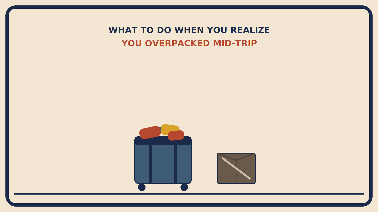 Suitcase overflowing with rust-red and mustard clothing shapes, with a smaller muted-brown shipping box beside it