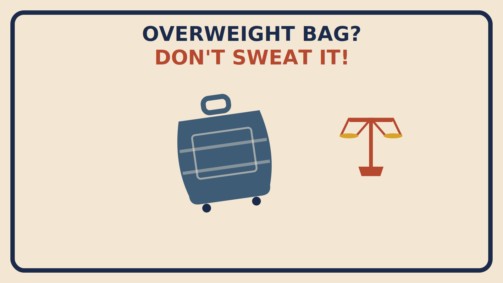 Flat geometric illustration of a bulging, tilted suitcase with a rust-red balance scale and the words Overweight Bag, Don't Sweat It