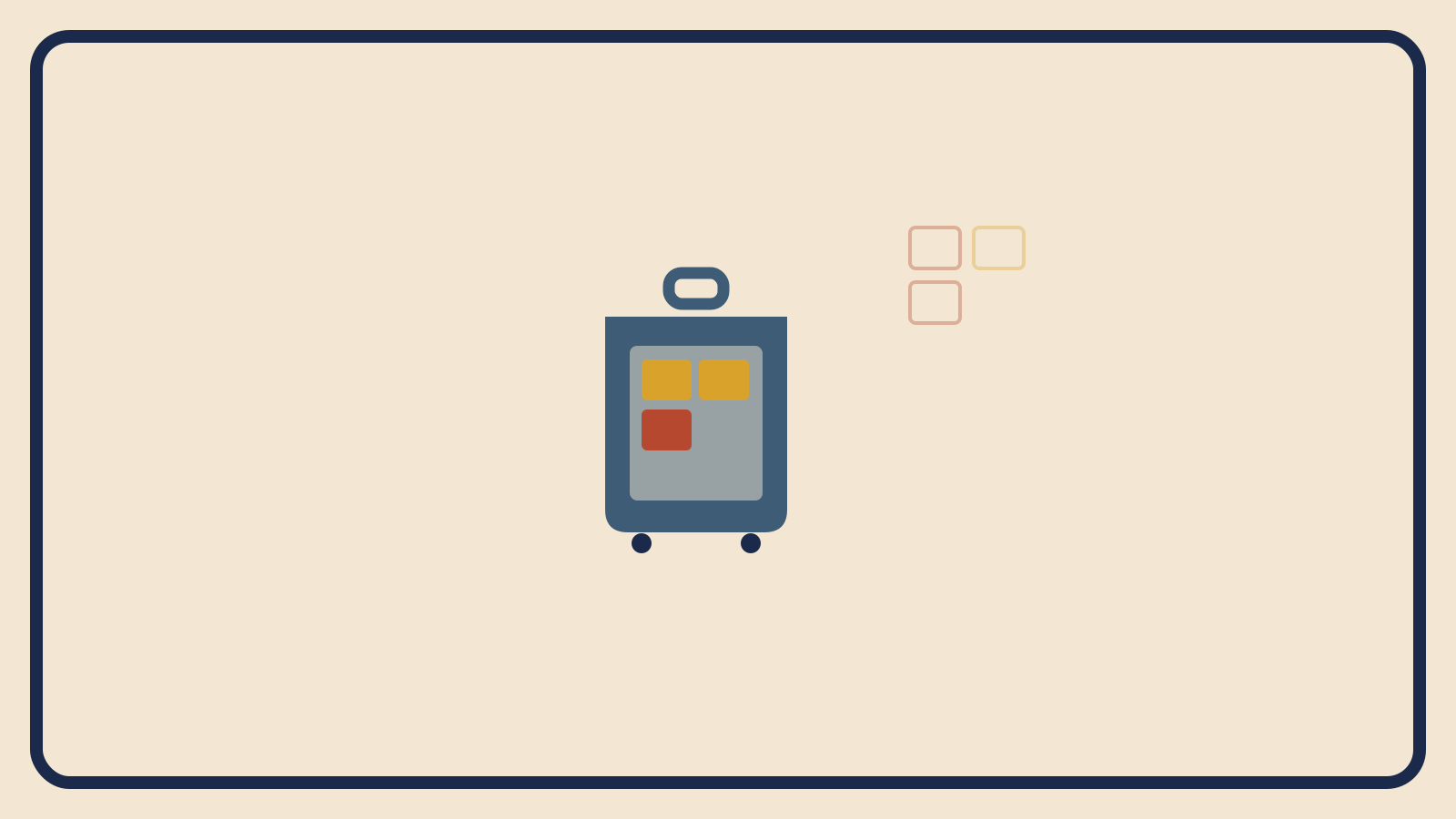 Flat geometric illustration of a small compact suitcase with a sparse mustard and rust-red clothing arrangement and visible empty space inside