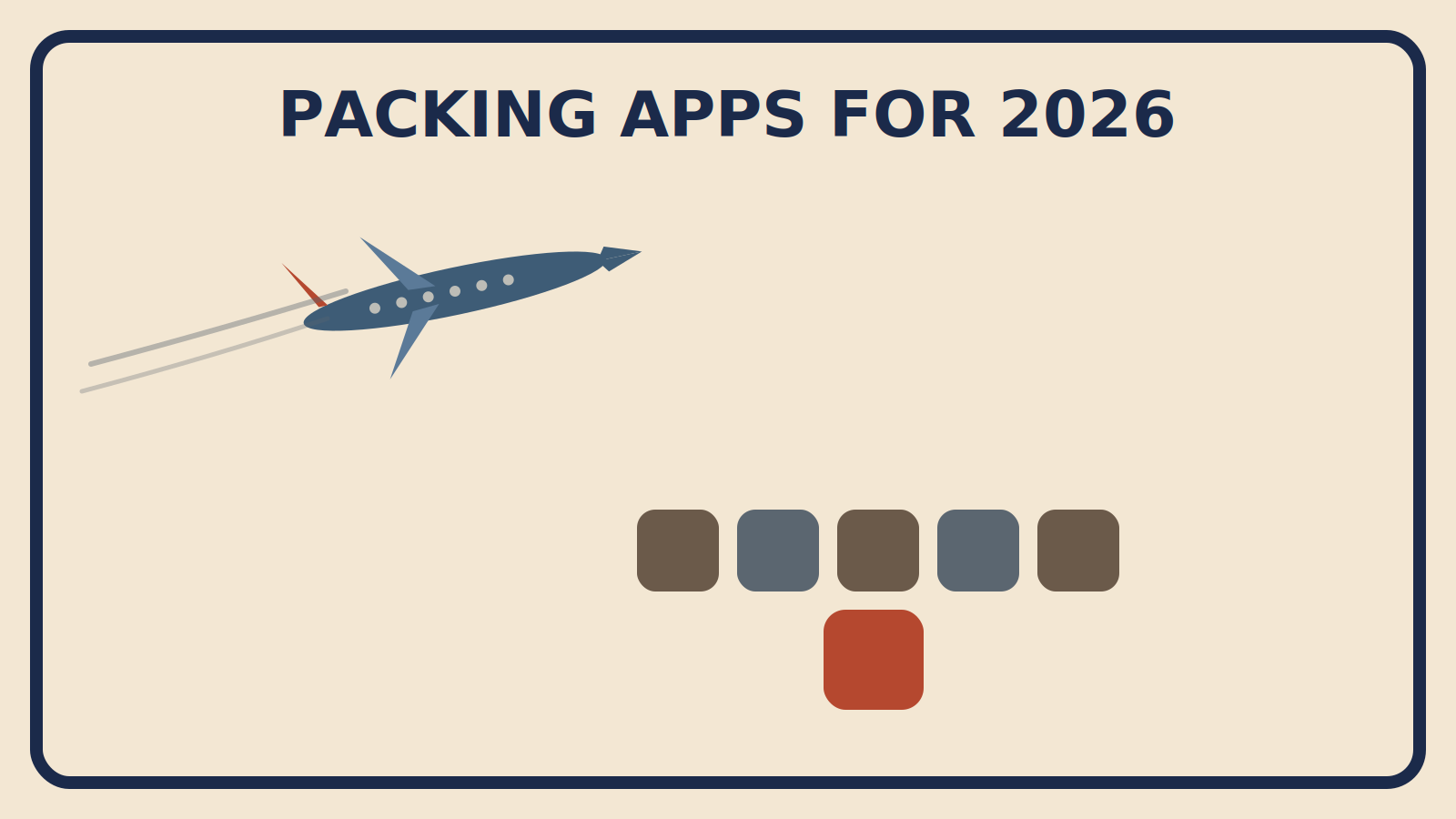 Flat geometric illustration of a jet flying across the sky above small app-icon shapes, titled Packing Apps for 2026