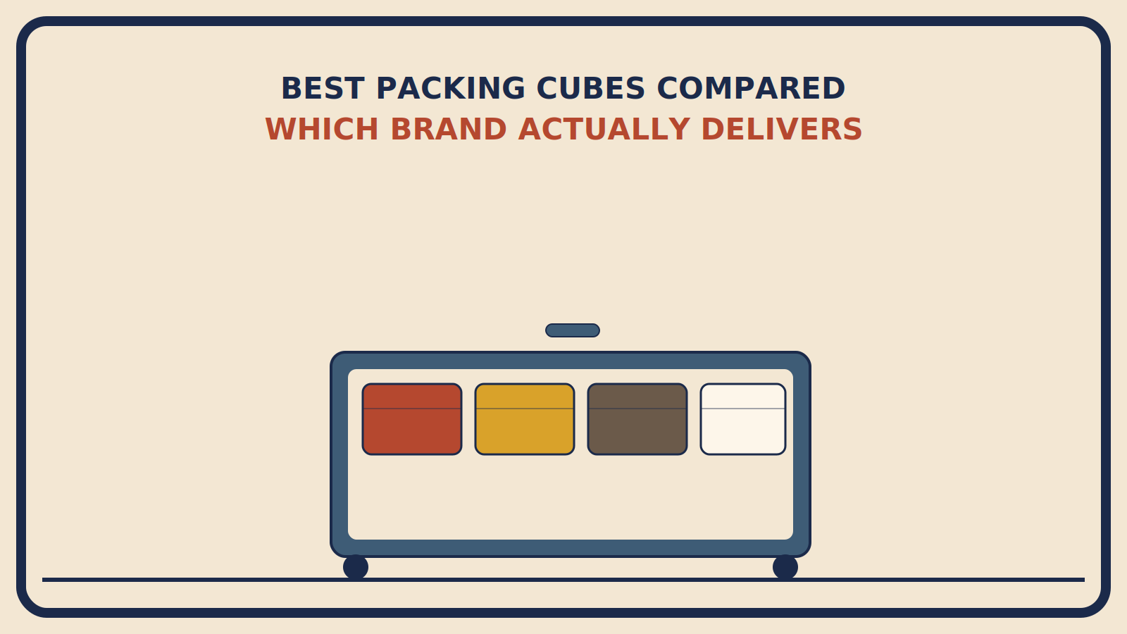 Open suitcase with four packing cubes inside in rust-red, mustard, muted brown, and cream, representing four different packing styles