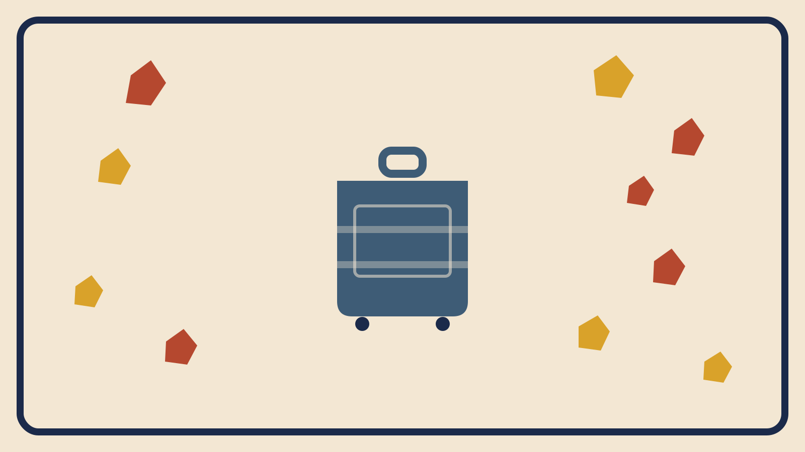 Flat geometric suitcase illustration with faceted rust-red and mustard leaf shapes scattered against a cream background