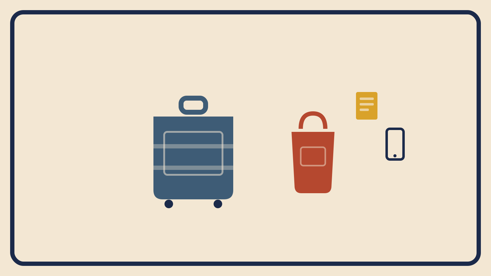 Flat geometric illustration of a steel-blue suitcase beside a smaller rust-red personal item bag with a document and phone icon tucked beside it