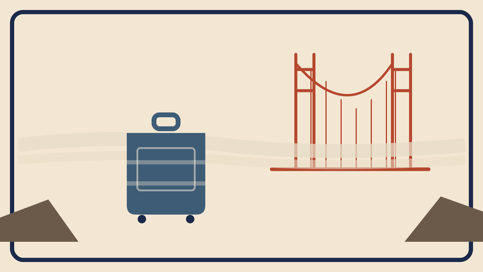 Flat geometric suitcase illustration with muted brown hills, a pale fog band, and a rust-red Golden Gate Bridge cable motif