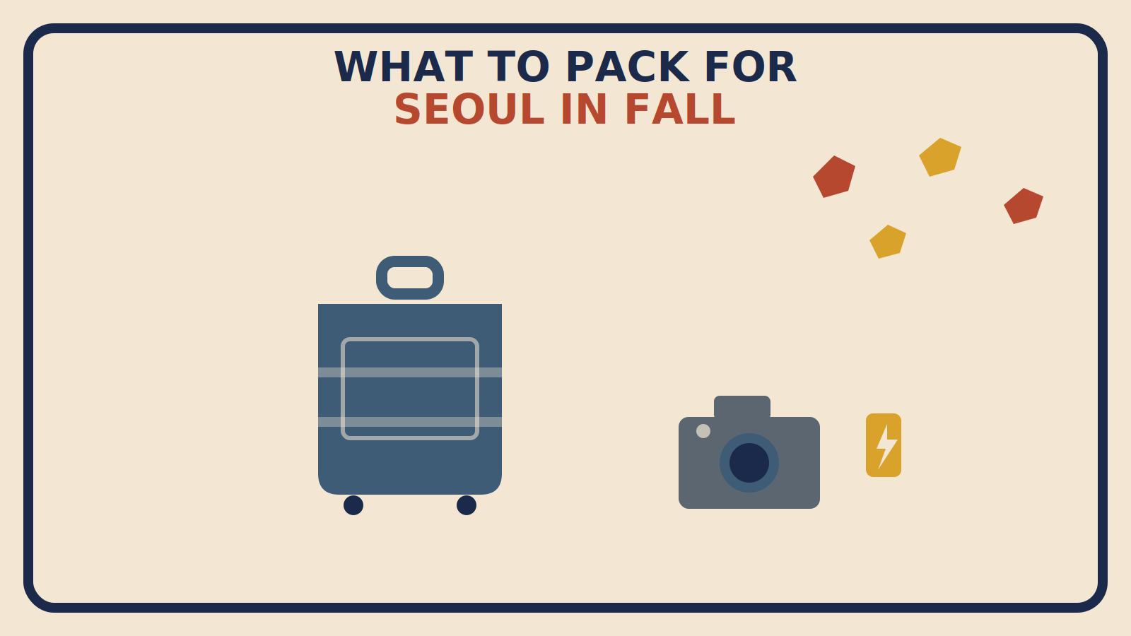 Flat geometric suitcase illustration with rust-red and mustard maple leaves and a slate-grey camera silhouette, titled What to Pack for Seoul in Fall