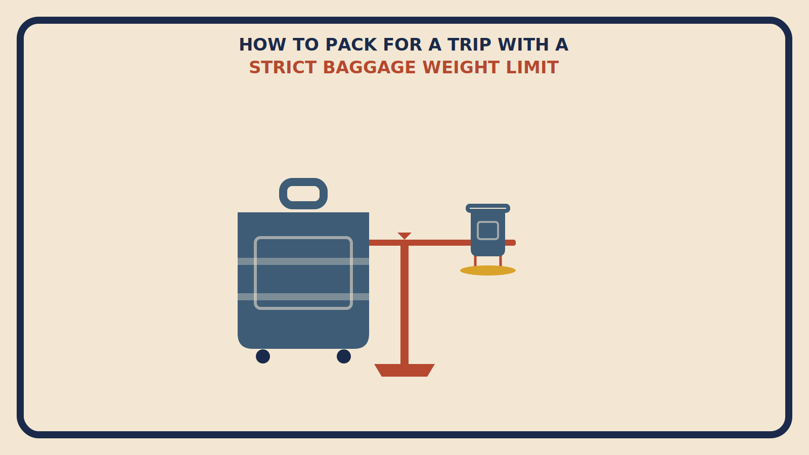 Flat geometric suitcase sitting level on a rust-red balance scale, titled How to Pack for a Trip With a Strict Baggage Weight Limit