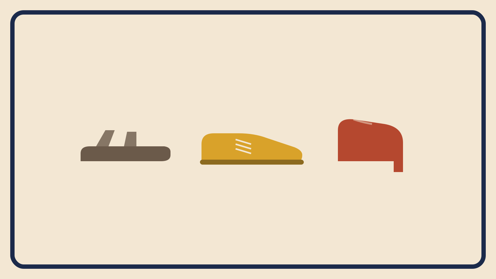 Flat geometric illustration of three shoe silhouettes in a row, a sandal, a sneaker, and a block heel, in muted brown, mustard, and rust-red