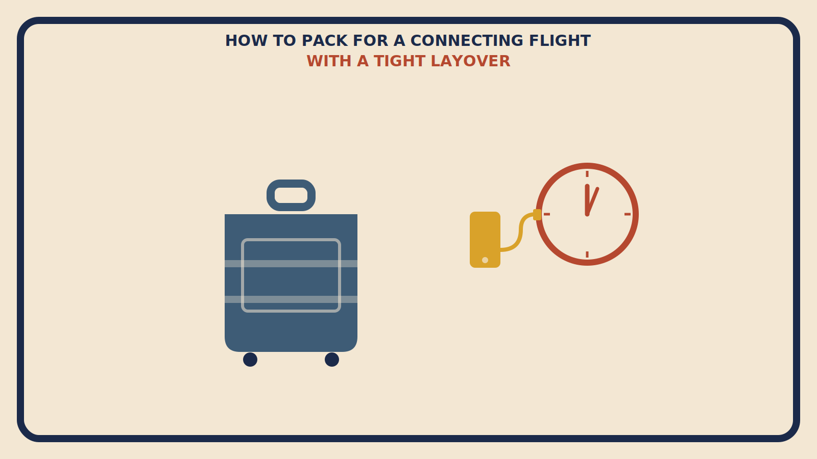 Flat geometric suitcase illustration with a rust-red clock showing a tight time gap and a mustard phone and charger icon, titled How to Pack for a Trip With a Connecting Flight and a Tight Layover