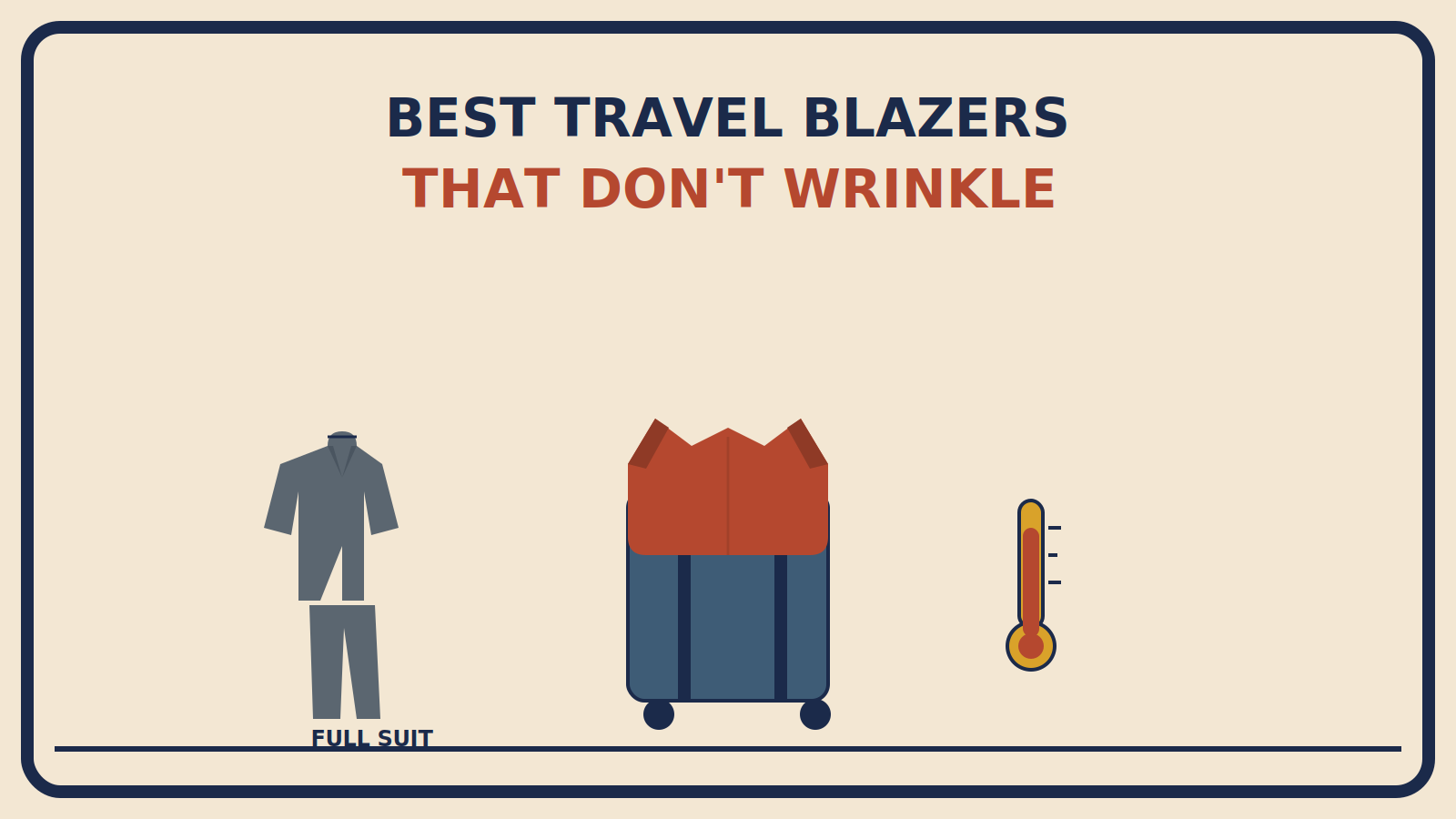 Suitcase with a rust-red blazer draped over the top in plain flat folds, next to a mustard and rust thermometer icon
