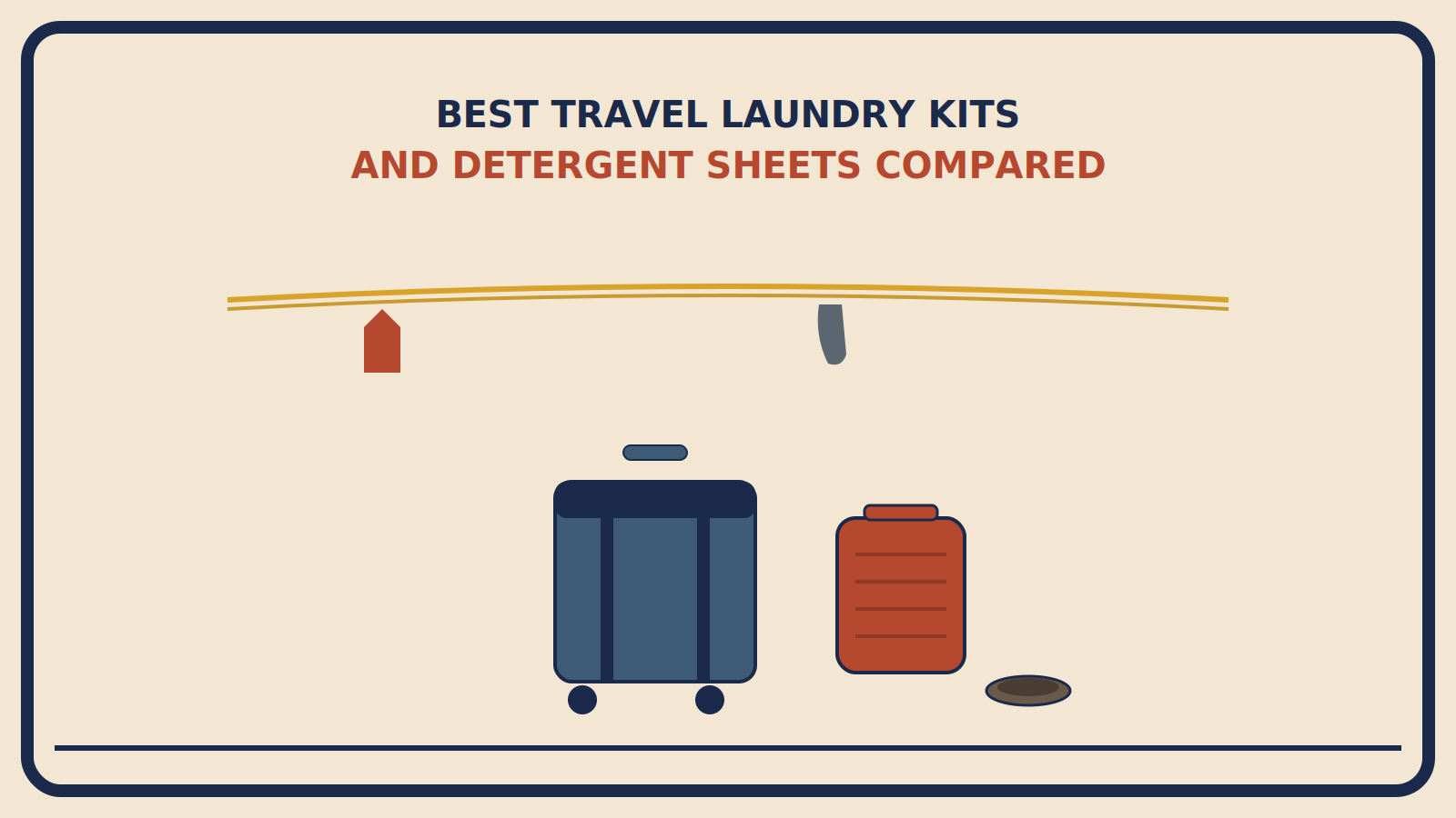 Suitcase beside a rust-red wash bag and a small drain stopper, with a shirt and sock hanging on a twisted clothesline above
