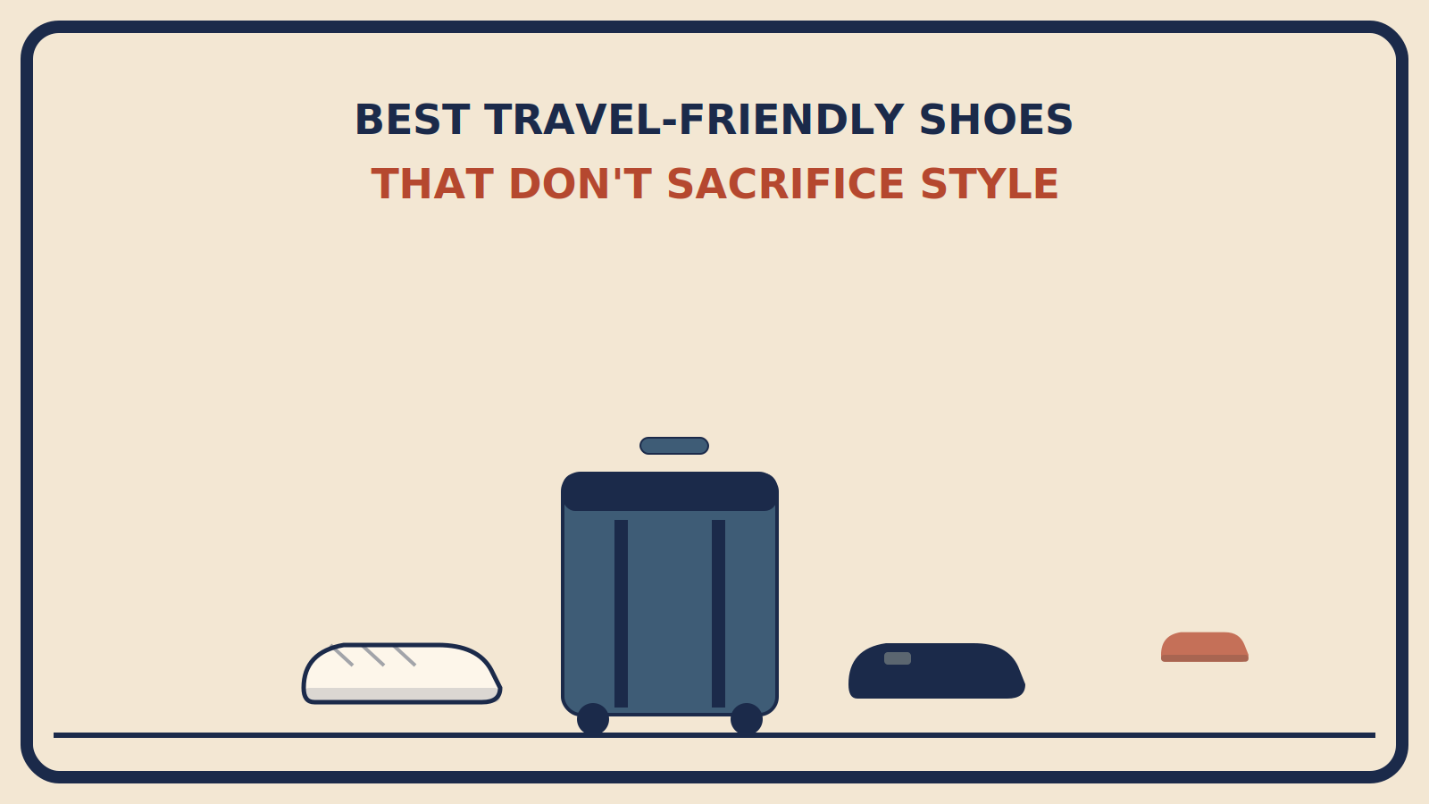 Suitcase beside a cream sneaker silhouette and a black loafer silhouette, with a small rust-red accent shoe in the background