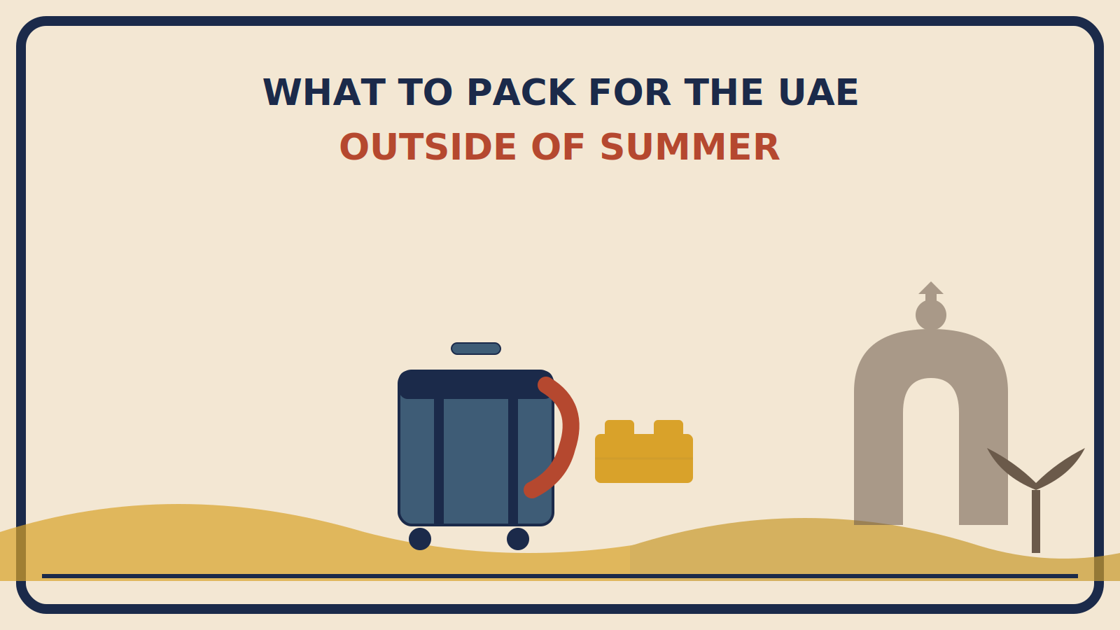 Suitcase with a draped scarf and folded linen shirt in front of desert dunes, a mosque silhouette with minarets, and a palm tree