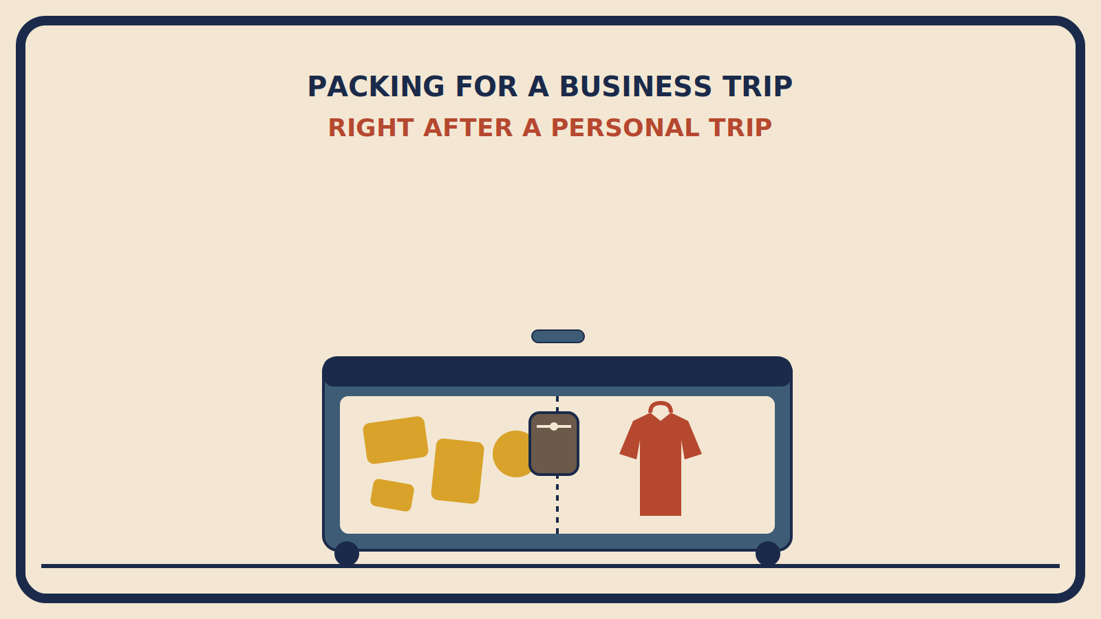 Suitcase split down the middle with loose mustard-colored vacation clothes on one side and a neat rust-red blazer on the other, with a small laundry pouch between them