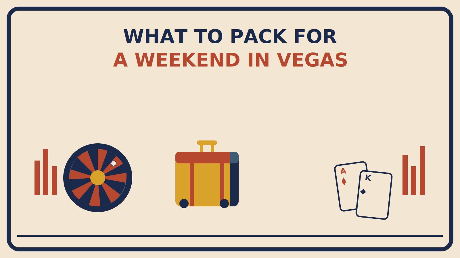 Suitcase split between desert daytime gold and nighttime navy, flanked by a roulette wheel and fanned playing cards